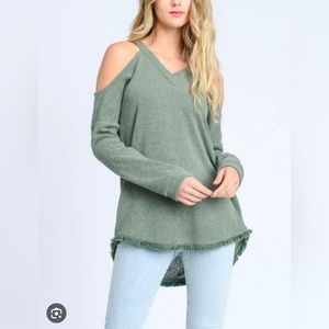 Green Doe and Rae cold shoulder sweater